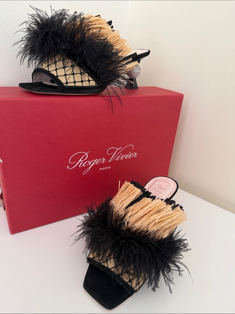 Roger Vivier Black and Beige Raffia Feather Mules, size 9 (can fit a 9.5)